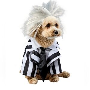 Beetlejuice Dog Costume, Black and White Striped Jacket with Dickie and Wig, XL